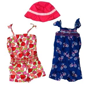 Girls one piece romper bundle size 24 months watermelon, bicycle pattern w/snaps